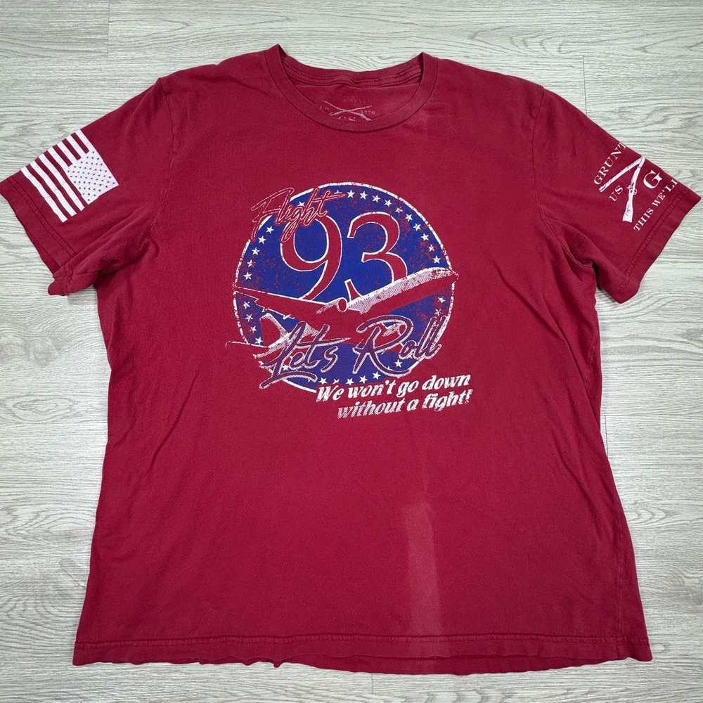 Grunt Style Mens T-Shirt Flight 93 Let's Roll Graphic Maroon Large Patriotic Tee
